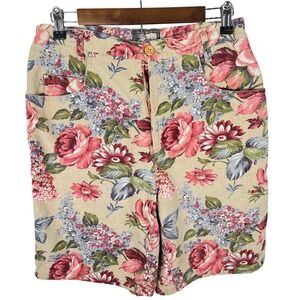 Sam & Libby Vtg Floral Linen‎ Cotton Shorts High Rise Bermuda Pink Beige 11/12